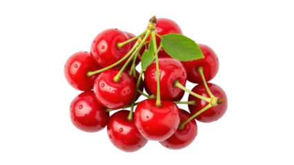 Fresh red cherries PNG isolated on transparent background, sweet summer fruit with green leaves for healthy eating and dessert design