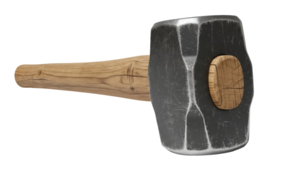 Heavy sledgehammer with wooden handle isolated PNG, blacksmith tool for demolition and construction work, industrial equipment on transparent background