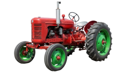 Vintage red tractor PNG isolated on transparent background, antique farm vehicle for agriculture and farming themes