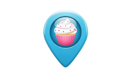 Cute cupcake in location pin PNG isolated on transparent background, sweet dessert marker for bakery shop and map