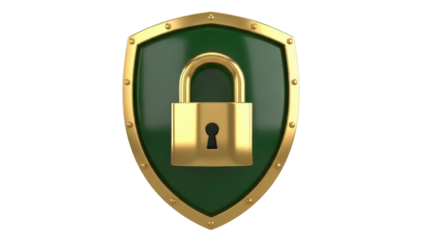 Golden padlock on green shield isolated PNG, security and protection concept for graphic design and web development projects