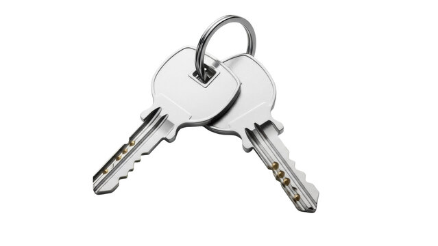 Two silver keys with ring isolated on transparent background PNG, security and access concept for design projects and presentations
