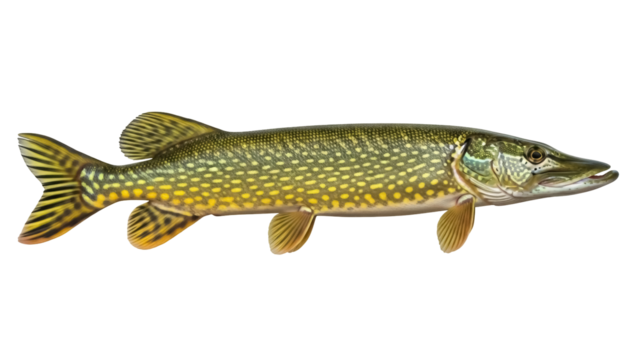Northern pike fish PNG isolated on transparent background, freshwater predator with green and yellow spotted pattern for fishing and wildlife themes - Powered by Adobe
