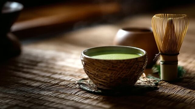 Traditional Japanese tea ceremony setup with matcha faceless cultural ritual defocused tatami mat floor background bamboo whisk visible authentic preparation ceremonial tea