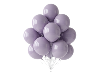 a tightly bound cluster of ten glossy, spherical, pastel lavender helium balloons floating elegantly against a seamless transparent studio background under high-key lighting. elegant celebration