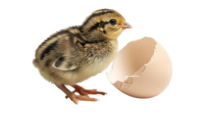 Adorable quail chick PNG isolated, newly hatched bird with eggshell on transparent background, cute baby animal for design projects © Roxana