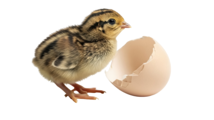 Adorable quail chick PNG isolated, newly hatched bird with eggshell on transparent background, cute baby animal for design projects