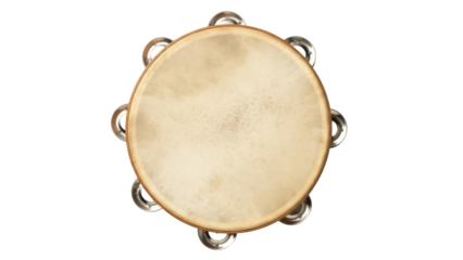 Tambourine PNG isolated on transparent background, percussion musical instrument with jingles for music and rhythm