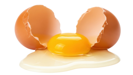 Cracked egg with yolk isolated on transparent background, broken shell with raw egg for cooking and baking PNG
