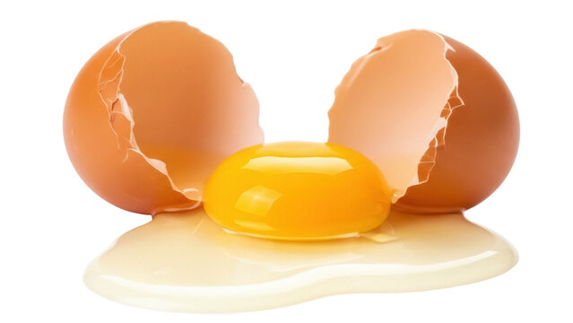 Cracked egg with yolk isolated on transparent background, broken shell with raw egg for cooking and baking PNG