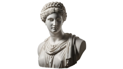 Marble bust of a woman isolated PNG on transparent background, classical sculpture of a female figure for art and design projects