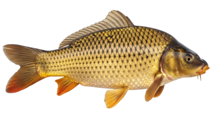 Golden carp PNG isolated on transparent background, freshwater fish with scales and barbels, popular in aquaculture and angling