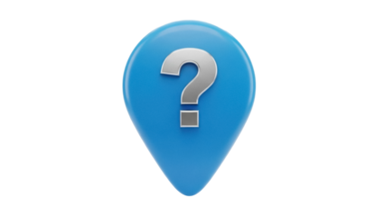 Blue map pointer with question mark isolated PNG on transparent background, location pin for navigation and help