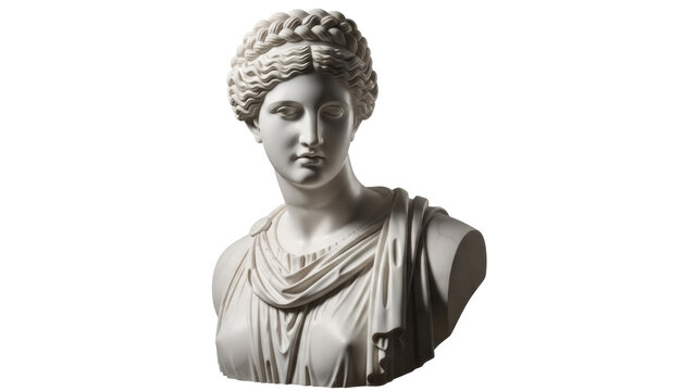 Marble bust of a woman isolated PNG on transparent background, classical sculpture of a female figure for art and design projects