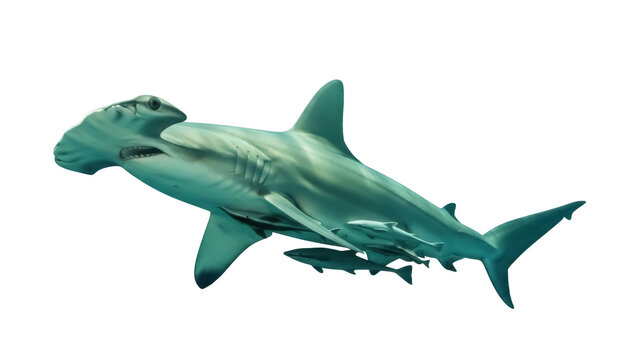 Hammerhead shark with remoras PNG isolated on transparent background, marine predator with symbiotic fish for educational use