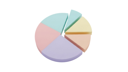 Colorful pie chart with pastel segments isolated PNG, data visualization for business presentations and statistical analysis