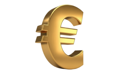 Golden Euro symbol isolated PNG on transparent background, currency sign for finance, banking and European economy