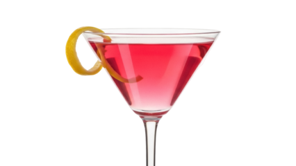 Cosmopolitan cocktail with lemon twist isolated PNG, classic alcoholic drink on transparent background for bar menu and party invitations
