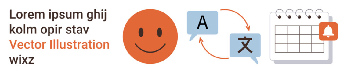 Fototapeta premium Language services, translation tools, productivity, time management, global communication, multilingual learning. happy face, language icons linked by arrows and calendar with alert. Translation