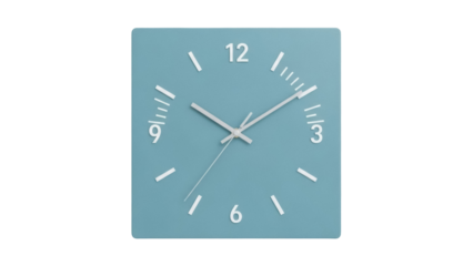 Square teal wall clock PNG isolated on transparent background, modern timekeeping device for home decor and design projects