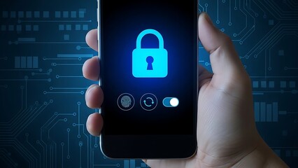 Hand holding smartphone with blue lock screen and fingerprint on circuit board background