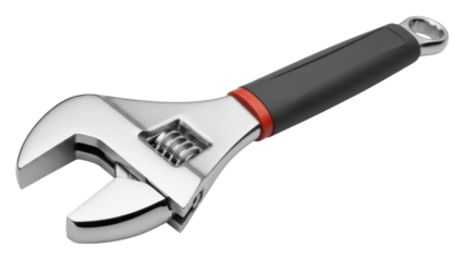 Adjustable wrench isolated PNG, chrome metal spanner with black handle for tightening nuts and bolts on transparent background