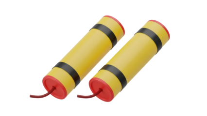 Two dynamite sticks isolated PNG, yellow explosive with red caps and brown fuse on transparent background, dangerous weapon for demolition