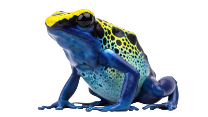 Dyeing poison dart frog isolated PNG, vibrant blue and yellow amphibian with black spots on transparent background, exotic pet