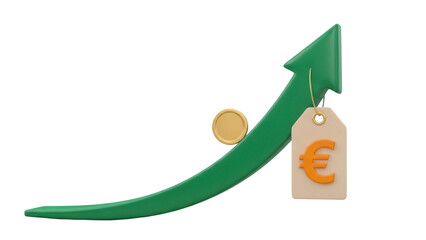 Green arrow pointing up with euro sign isolated PNG, financial growth concept with price tag and coin on transparent background