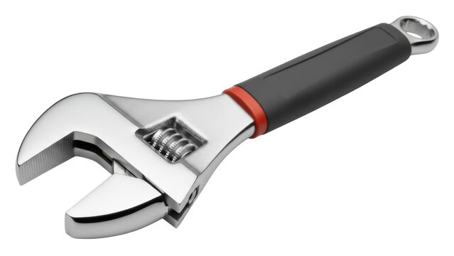 Adjustable wrench isolated PNG, chrome metal spanner with black handle for tightening nuts and bolts on transparent background