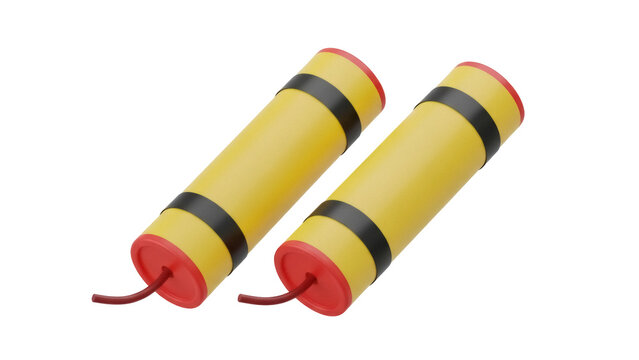 Two dynamite sticks isolated PNG, yellow explosive with red caps and brown fuse on transparent background, dangerous weapon for demolition