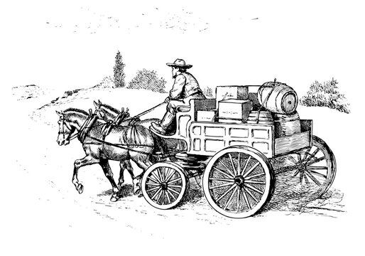 horse drawn wagon with goods heading over a hill on a rural road
