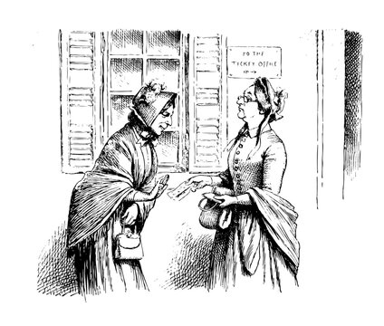 Two Ladies one with tickets, dressed prim and proper.