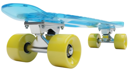Blue transparent skateboard isolated PNG, yellow wheels and silver trucks, on transparent background, cool urban transport for recreation