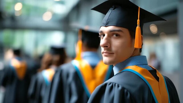 Faceless graduates in traditional academic mantle defocused solemn ceremony background university degree awarding diploma presentation academic achievement graduation