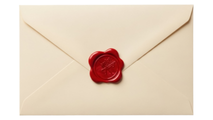 Elegant cream envelope with red wax seal isolated PNG, vintage stationery for invitations and special occasions, on transparent background