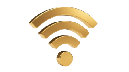 Golden wifi symbol PNG isolated on transparent background, wireless internet connection icon for technology and communication design