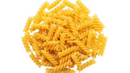 Heap of uncooked fusilli pasta isolated PNG, spiral shaped pasta on transparent background, Italian cuisine ingredient for cooking and food preparation