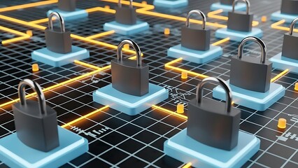Digital circuit board with closed padlocks on blue platforms and yellow illuminated pathways