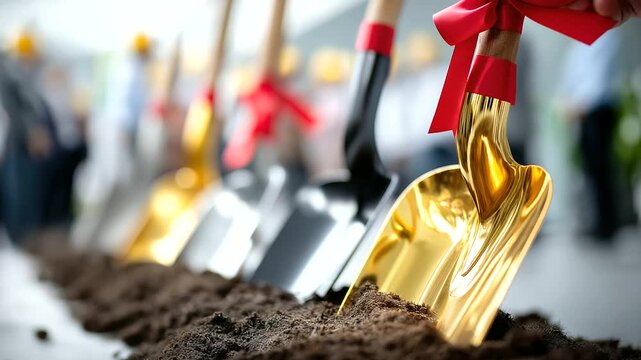 Ceremonial shovels in soil at festive groundbreaking faceless development event defocused construction site background inaugural ceremony project beginning official launch
