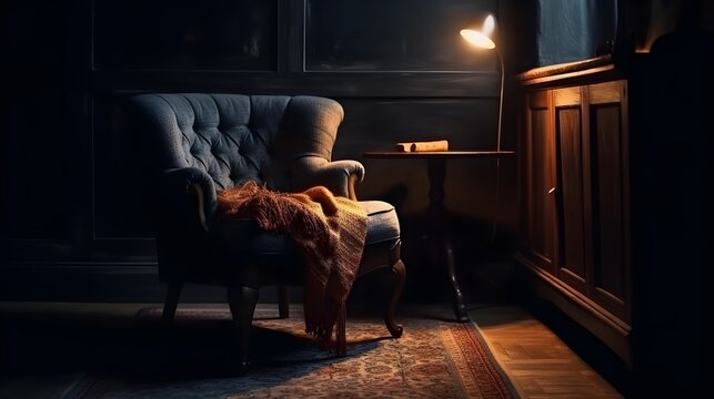 Cozy armchair with warm light, inviting reading nook, dark moody interior design concept.