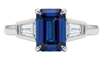 Elegant emerald cut blue sapphire ring isolated PNG, gemstone jewelry with baguette diamonds on transparent background for fashion design
