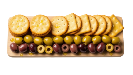 Appetizing cracker and olive platter isolated PNG, delicious snack with green and black olives on a wooden board for party food