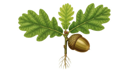 Oak seedling with acorn isolated PNG on transparent background, young tree sprout with roots and leaves for nature and botany concepts © Roxana