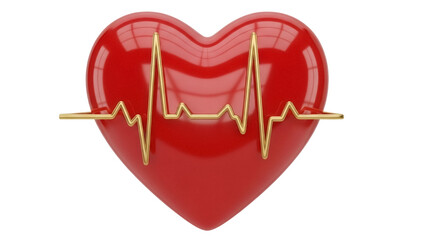 Red heart with golden pulse line isolated PNG, symbol of love and health on transparent background, medical and cardiology concept