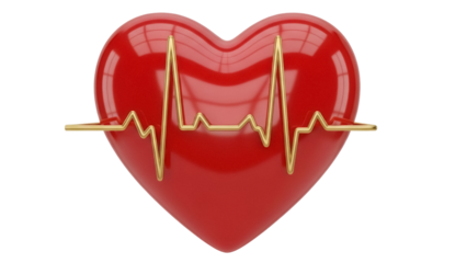 Red heart with golden pulse line isolated PNG, symbol of love and health on transparent background, medical and cardiology concept