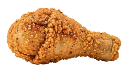 Crispy fried chicken drumstick isolated PNG on transparent background, delicious golden brown poultry for fast food and restaurant menus