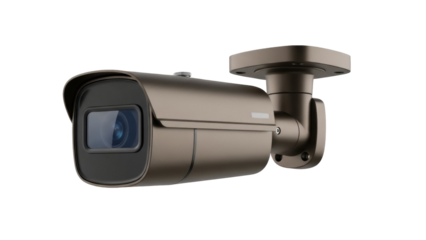 Bronze bullet security camera isolated PNG, surveillance system for home security and outdoor monitoring on transparent background