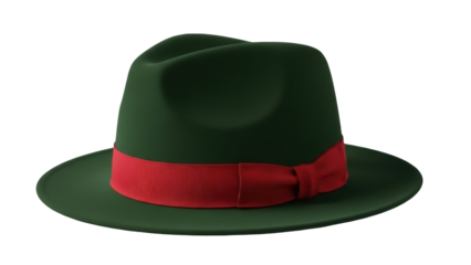 Elegant green fedora hat with red ribbon isolated PNG on transparent background, classic men s fashion accessory for formal occasions