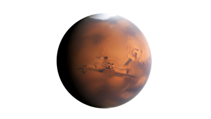 Mars planet isolated PNG on transparent background, red planet with polar ice cap and surface features for space exploration